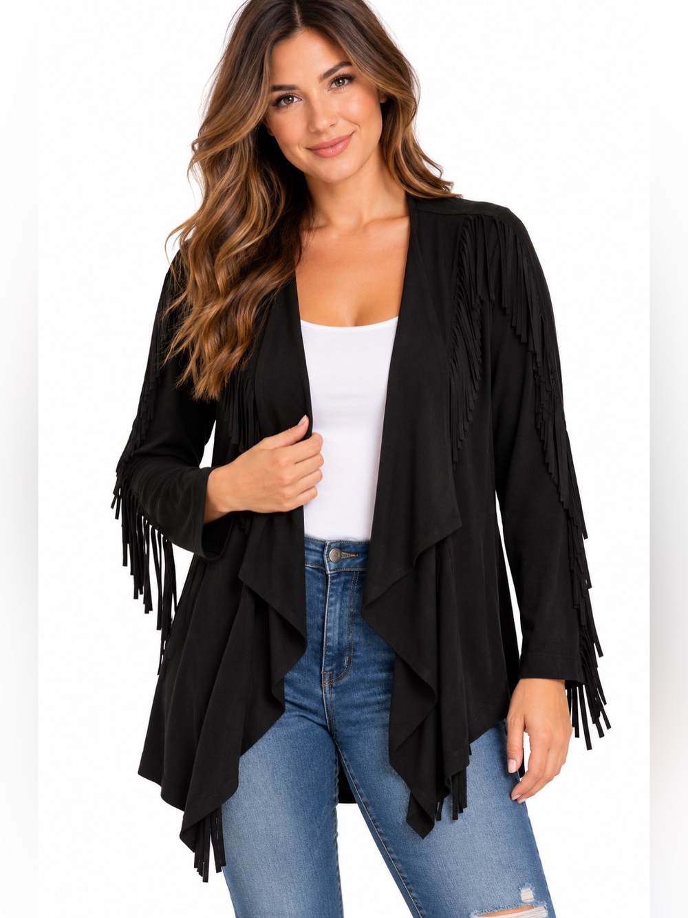 Colleen Lopez Black Fringe Open Front Cardigan Jacket XL Western Boho